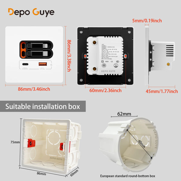 រន្ធដោតជញ្ជាំងឆ្លាតវៃ USB C 20W របស់ EU សម្រាប់សាកទូរសព្ទចល័ត រន្ធសាកលឿនប្រភេទ C ពីរ