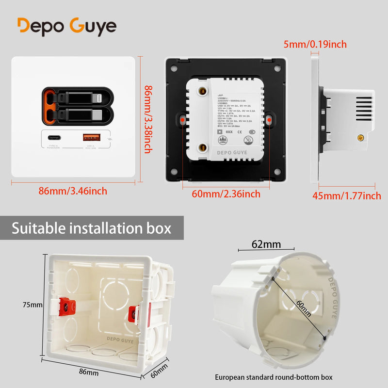 EU Universal 20W USB C Smart Wall Socket Panel Dual Type-C Fast Charge Ports Mobile Phone Charging Outlet
