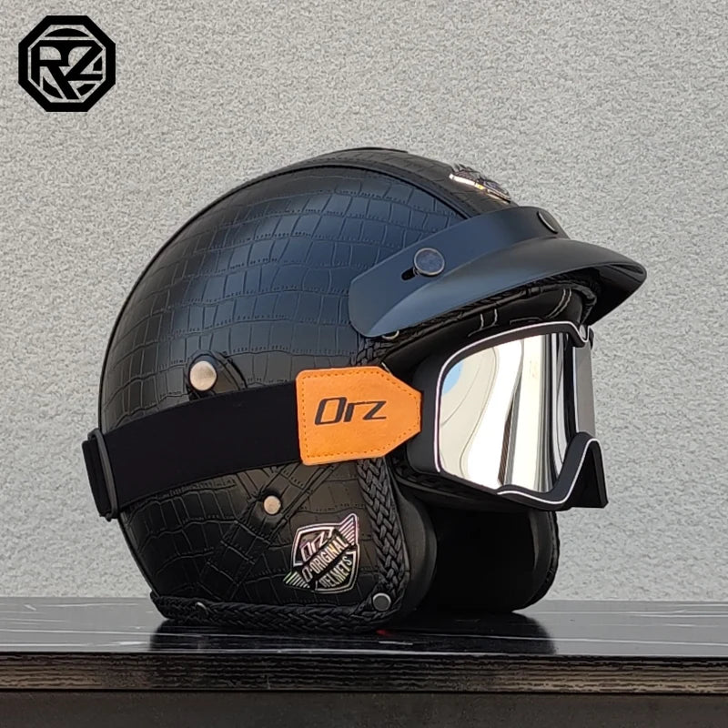 Vintage Leather 3/4 Jet Motorcycle Helmet, Handmade Leather Surface Adult Scooter Cruiser Riding Helmet Casque Moto
