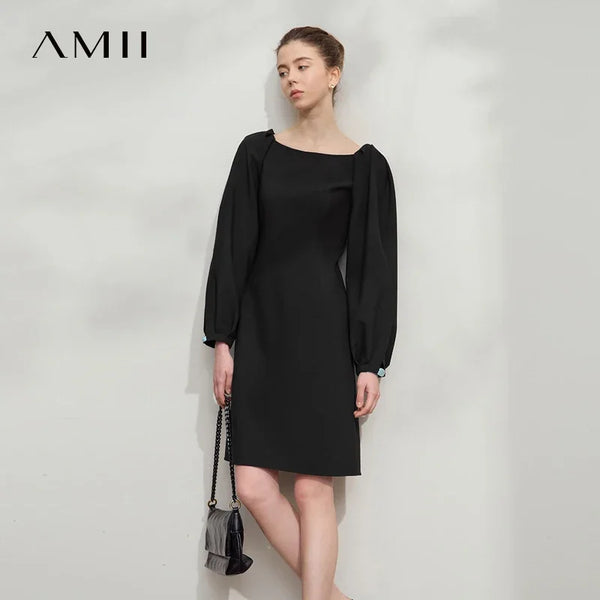 Amii Minimalist Womens Dresses 2026 Autumn New Round Neck Lantern Sleeve Solid Elegant Slim Thin Commute Dresses 12511008