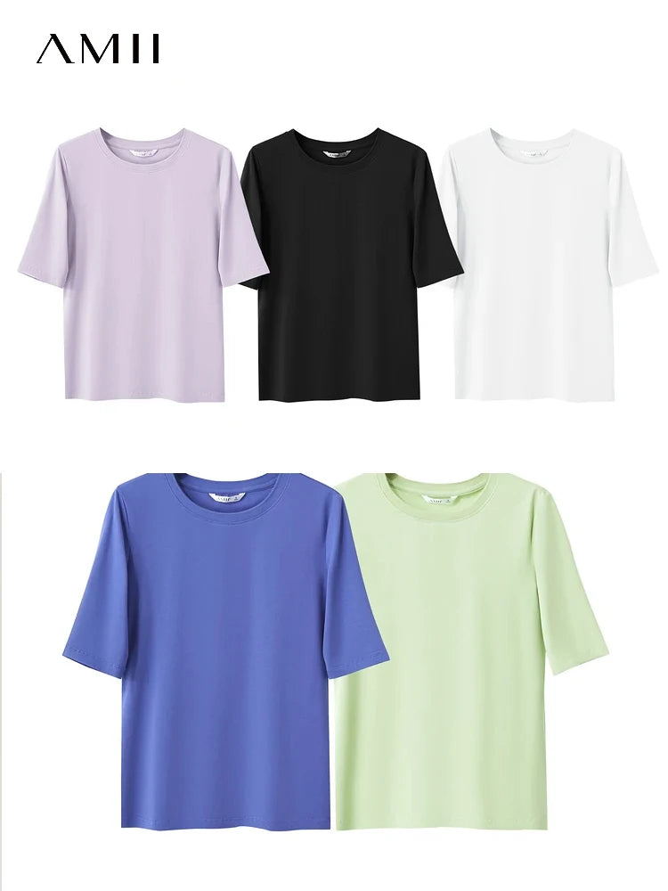 អាវយឺត AMII Minimalism រដូវស្លឹកឈើជ្រុះឆ្នាំ ២០២៤ សម្រាប់ស្ត្រី អាវកប្បាសថ្មី លាតពាក់កណ្តាលដៃ ត្រង់ មូលដ្ឋានរឹង អាវការិយាល័យនារី 12412016