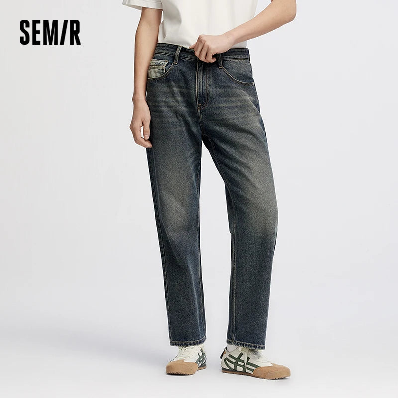 Semir Men Jeans Retro Washed Loose Straight 2026 Autumn Soft Durable Denim Pants Casual Commute Everyday Style Daily Wear