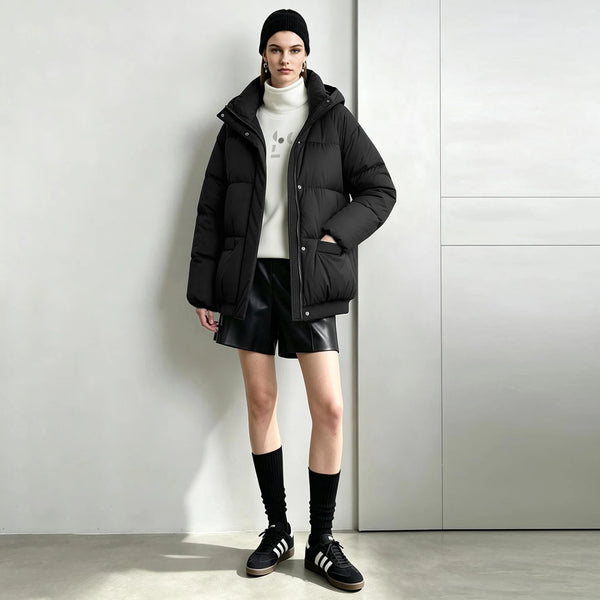 Amii Women's Winter Down Jacket Stand Collar Embossed Hooded Elastic Hem 2026 New White Duck Down Jacket Loose Warm Top 12644027