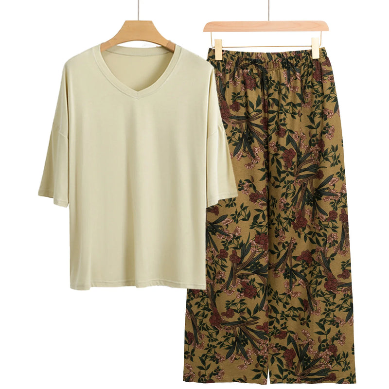 New Print Room Sleepwear Set Short Sleeve Women's Pajamas Casual 2 Pieces Loungewear Clothes Spring Summer Modal Home Suit