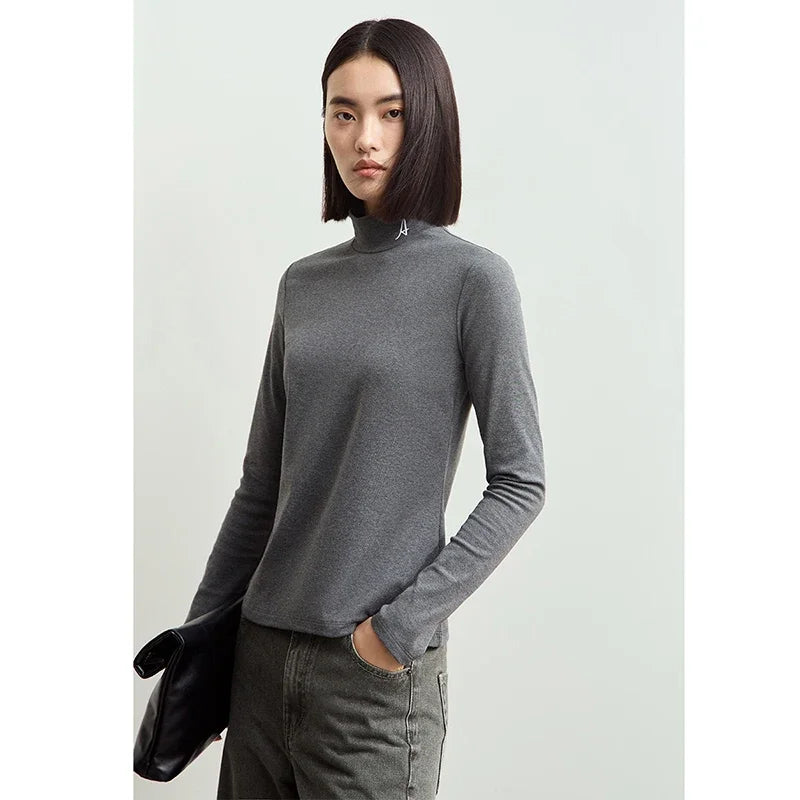 AMII Minimalism Women's Turtleneck T-shirts Embroidered Fleece Warm 2026 Winter Long Sleeve Slim Commuter Knitted Tops 12424114