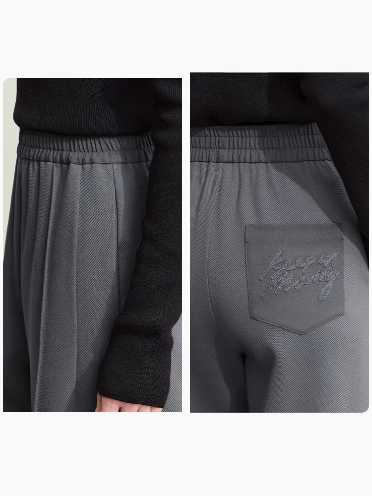AMII Minimalist Women's Autumn New Casual Pants 2026 New Elastic Waist Letter Embroidery Straight Pleated Pants Female 12443086