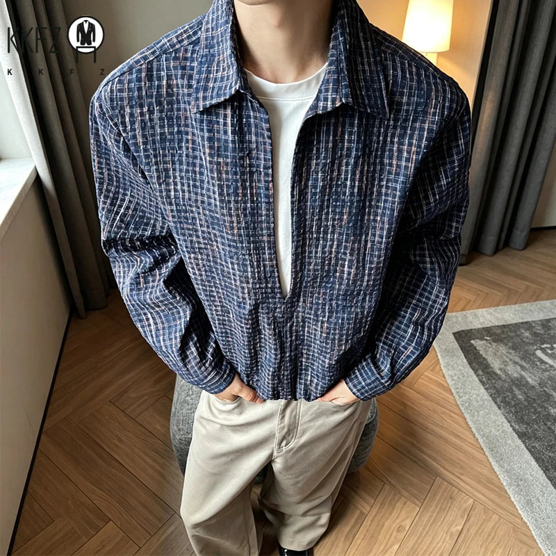 Male Grid Check Textured Long Sleeve Shirt Lapel Collar Relaxed Cut Lightweight Material Casual Outer Top
