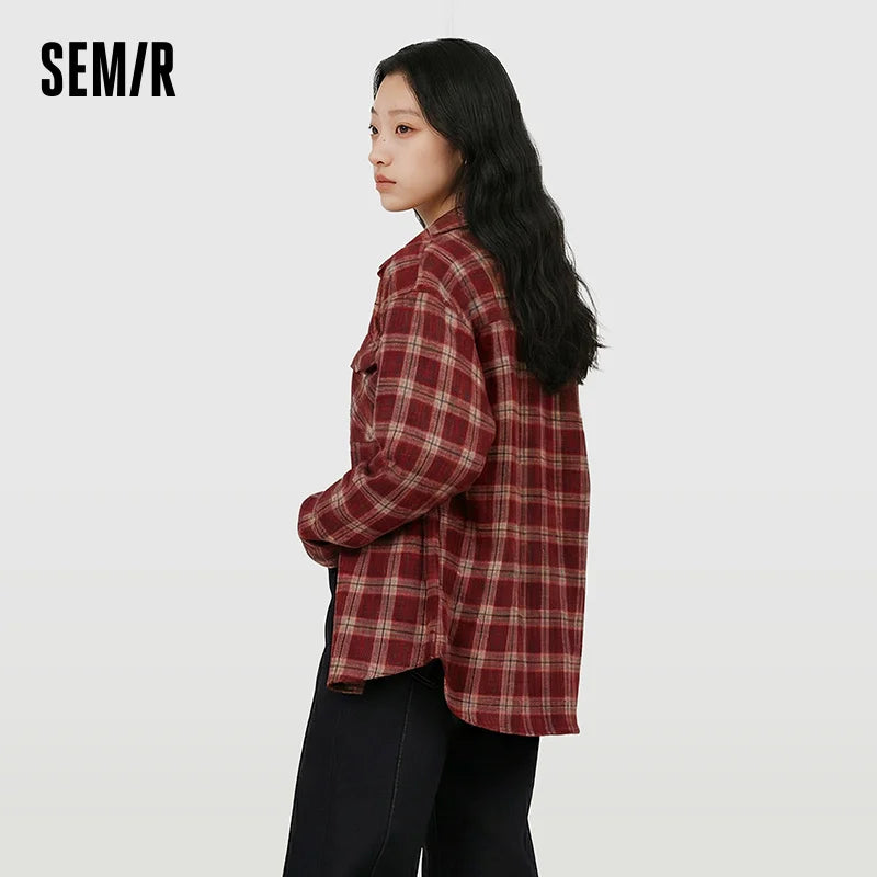 Semir Vintage Shirt Women Long Sleeve Mid Length Red Plaid Top Loose Casual Fashion Blouse 2026 Spring Stylish Outerwear