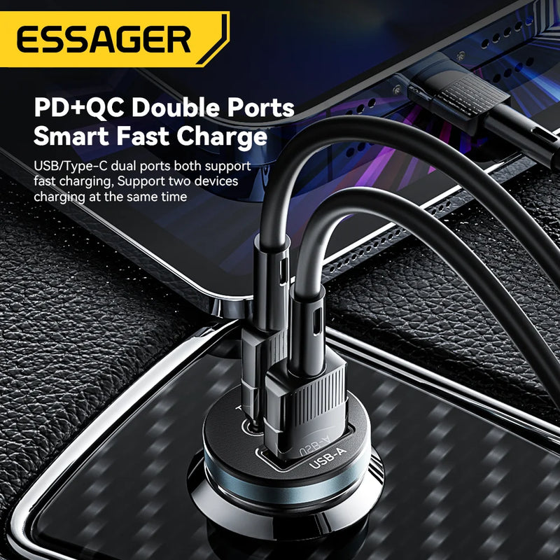 ឆ្នាំងសាករថយន្ត Essager 30W USB C ប្រភេទ C ឆ្នាំងសាករហ័ស PD QC 3.0 SCP 5A សាកថ្មលឿនសម្រាប់ទូរស័ព្ទ iPhone Xiaomi Samsung