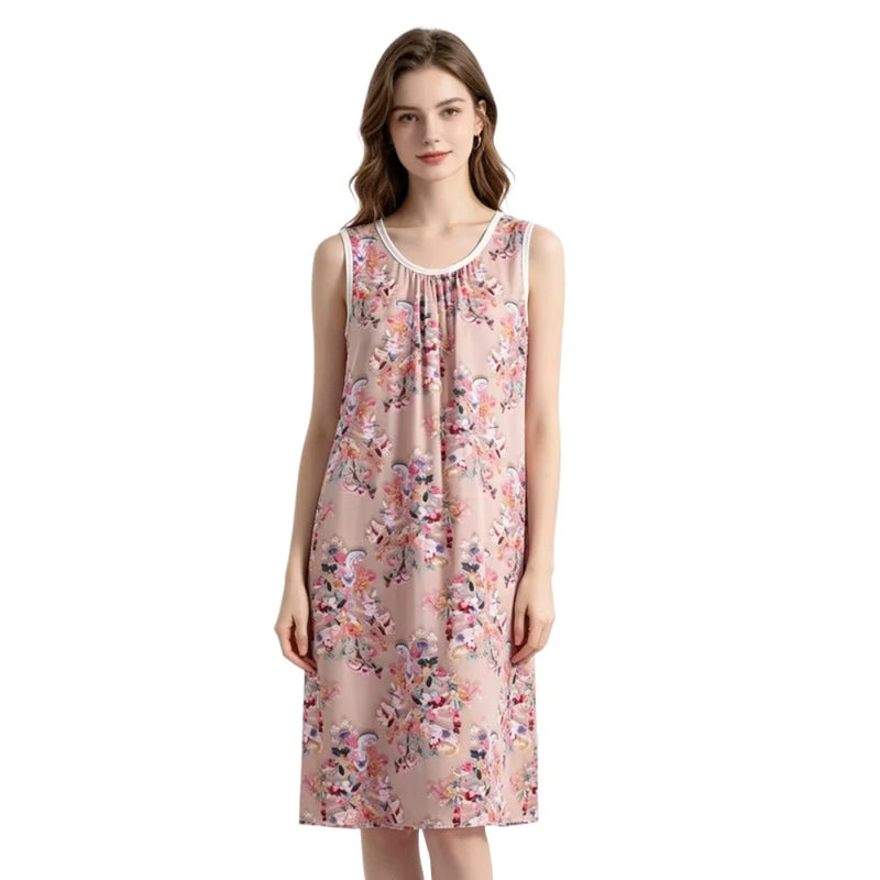 Women's Nightgown Night Dress Round-Neck Sleeveless Summer Nightgowns Woman Sleep Soft Lounge Dress for XL-6XL Pajamas Dress