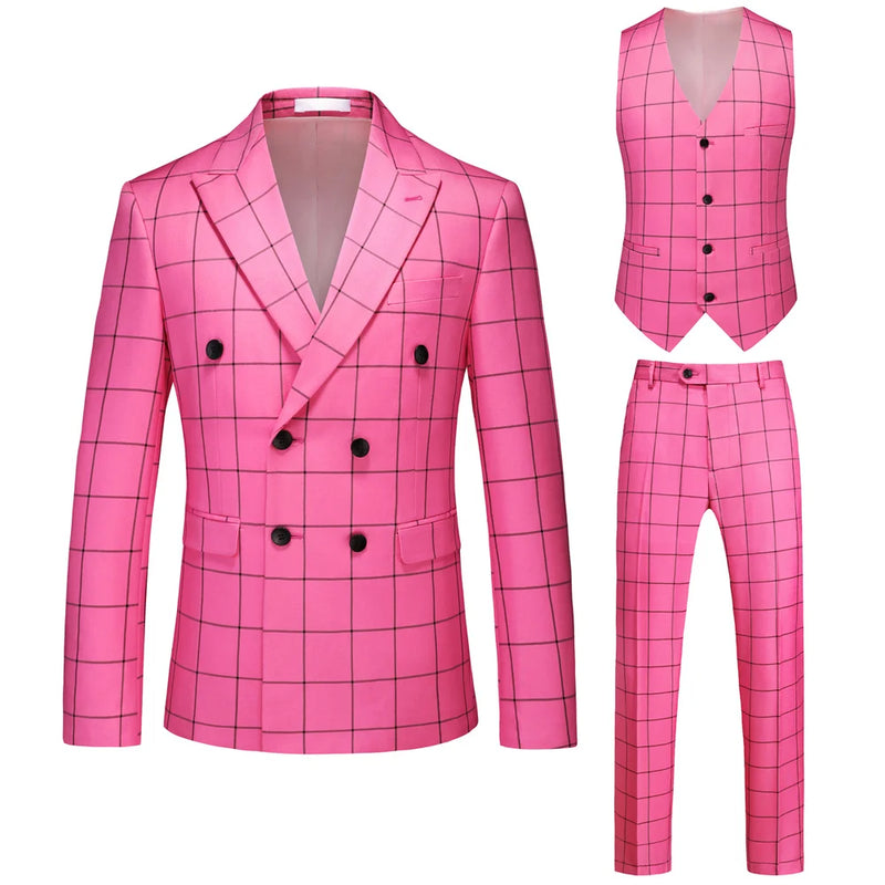 Men's Black-White Striped Plaid Suit 3-Piece, Wedding Party Dress Jacket and Vest with Trousers, Asian Sizes Red Slim Fit Sets.