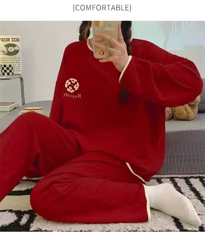 M-3XL Pijama Mujer Invierno Warm De Velvet Women Pajama Big Size Red Home Clothes New Year Sleepwear Pajama Lady Spring Fall