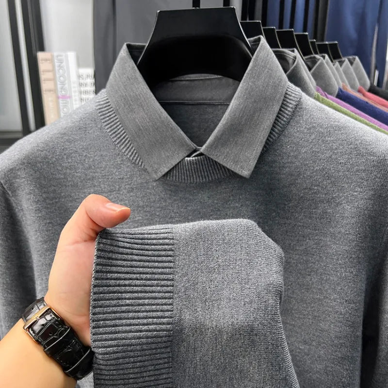 Men's Grey Faux Two-Layer Knit Sweater, Button-Down Shirt Collar with Soft Wool Blend Fabric, Smart Business Autumn Casual Wear