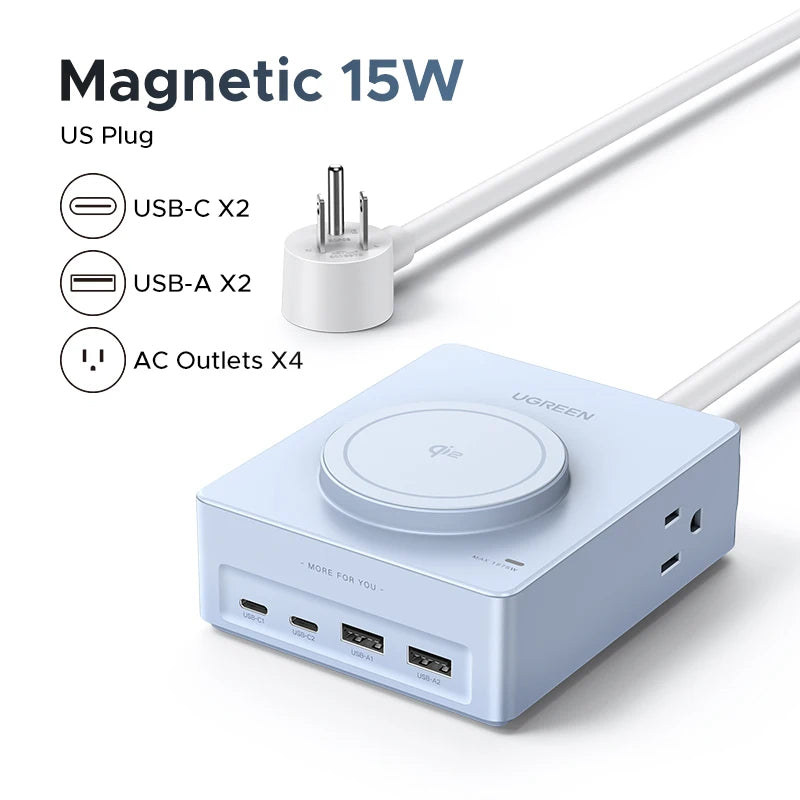 UGREEN Qi2 Certified 15W Magnetic Wireless Charger US Plug Power Strip With 2A2C&4AC Magsafe iPhone 17/16 Pro Max MacBook Pro