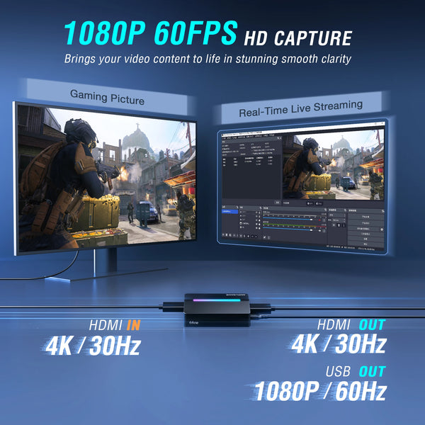 កាតចាប់យកវីដេអូ Fifine 4K HDMI សម្រាប់ការផ្សាយផ្ទាល់ និងលេងហ្គេម ឆបគ្នាជាមួយ PS4/PS5/Windows/Mac OS/Switch/Xbox - V3