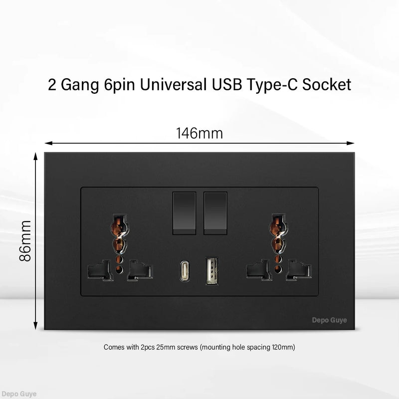 Black UK 13A Wall Socket with USB Type C 18W Quick Charge Plug Socket,Universal Wall power outlet 220V Electrical Light Switch