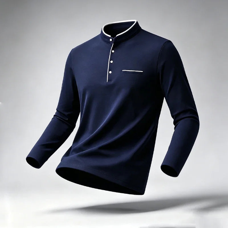 Men Stand Collar Long Sleeve Polo Shirt Slim Fit Half Button Design Chest Pocket Soft Fabric Business Daily Tops