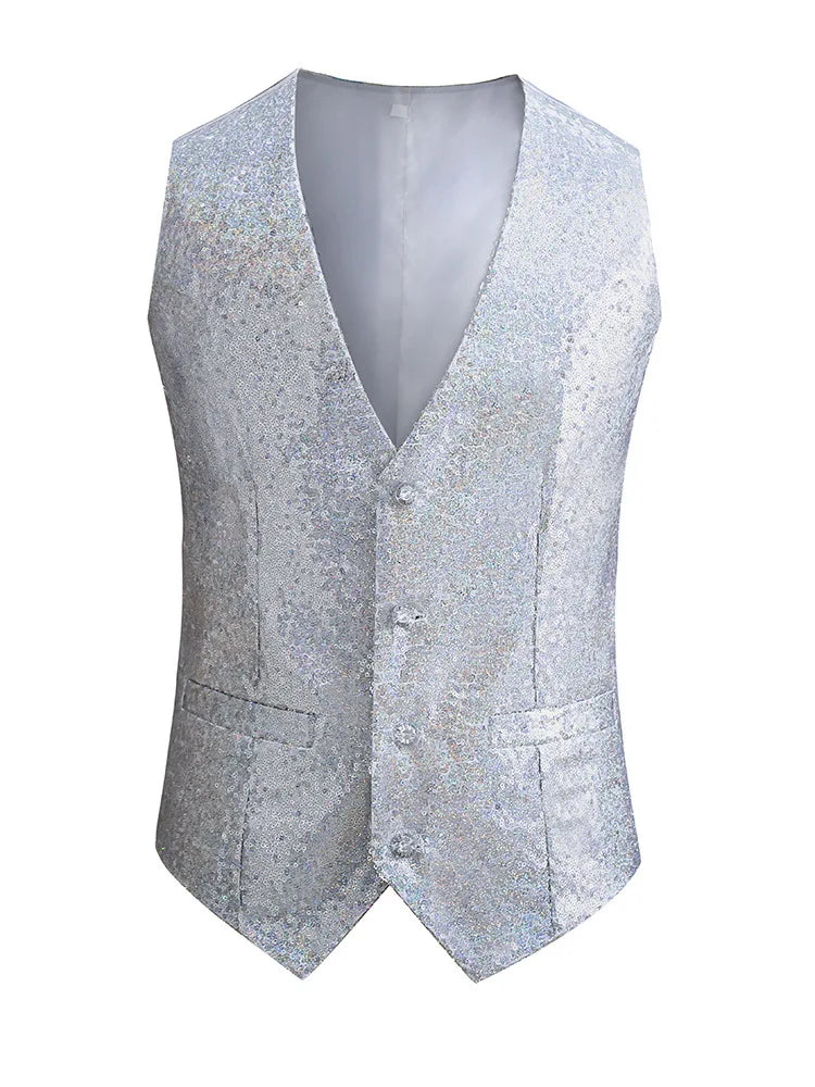 2026 New Men's Red Shiny Sequins Single Breasted Sleeveless Vest, V-Neck Waistcoat Gold Black White Blue Purple Available M-XXXL