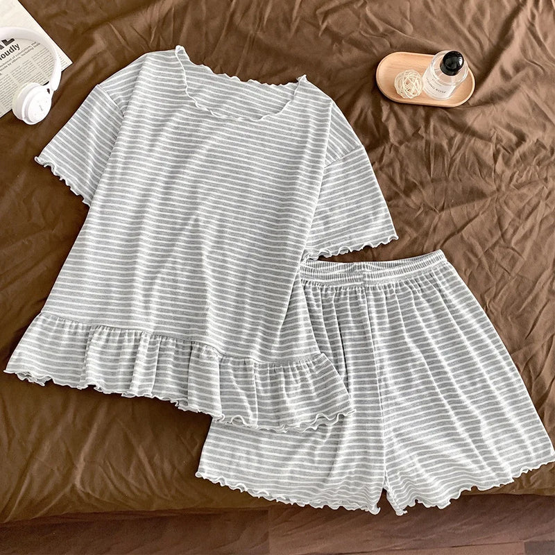 Striped Pyjamas Summer Short Sleeve Pajamas Set Soft Pijama Suit 2 Piece Set Sleepwear Women Night Clothes Night Wear Female