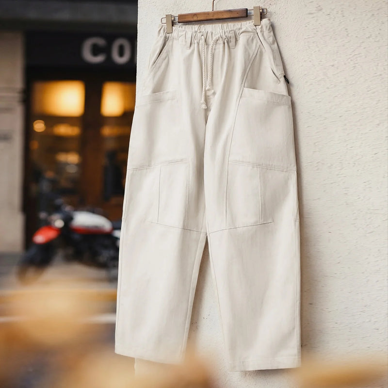 Maden Men‘s Vintage Patchwork Pants White Wide Leg Trousers Drawstring Elastic Waist Loose Fit Casual Pants for Spring Autumn
