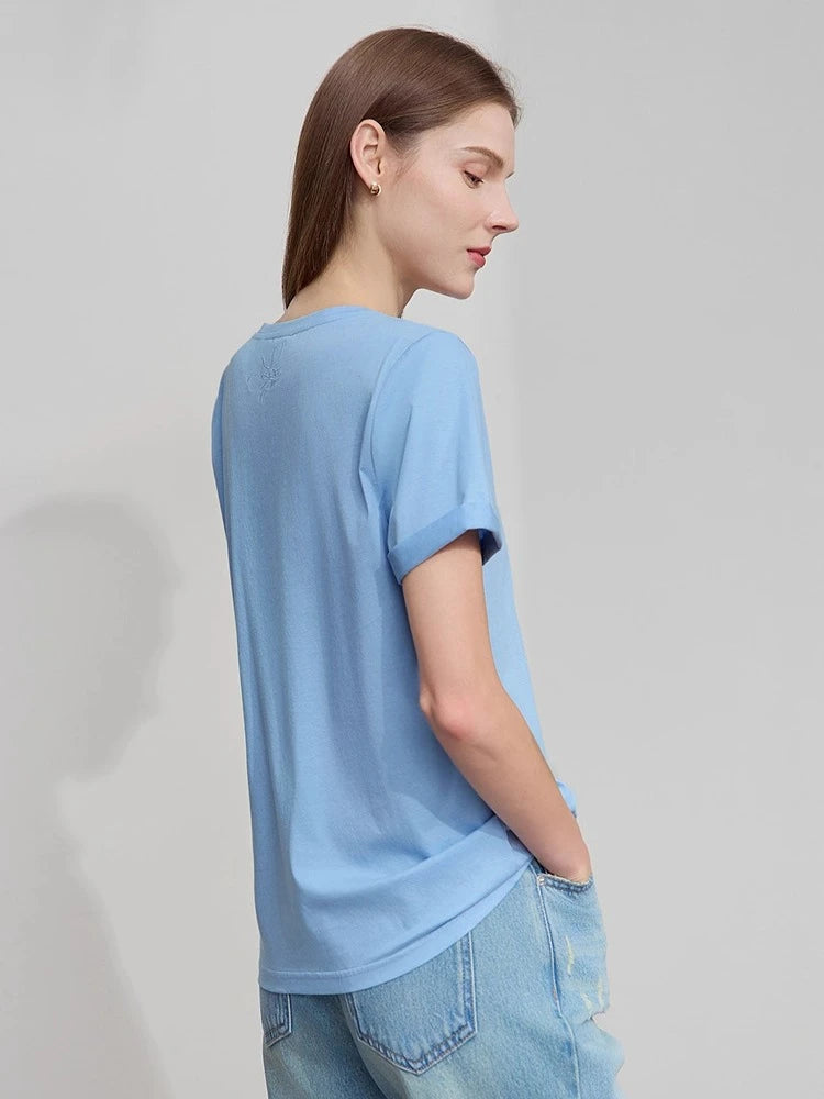 AMII Top Women 2026 Summer New O-Neck Short Sleeve Casual T Shirts Versatile Knit Embroidery Cotton Woman Top Female 12522142