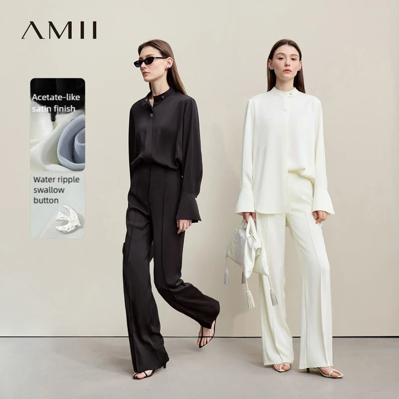 អាវស្រី Amii រដូវស្លឹកឈើជ្រុះឆ្នាំ ២០២៦ អាវថ្មីឆើតឆាយសម្រាប់ធ្វើដំណើរទៅធ្វើការ អាវសូត្រ matte សាច់ក្រណាត់ chiffon ខោត្រង់ធម្មតា 12621022