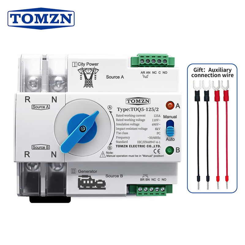 TOMZN Single Phase DIN Rail ATS Dual Power Automatic Transfer Electrical Selector Switches Uninterrupted 2P 63A 100A 125A