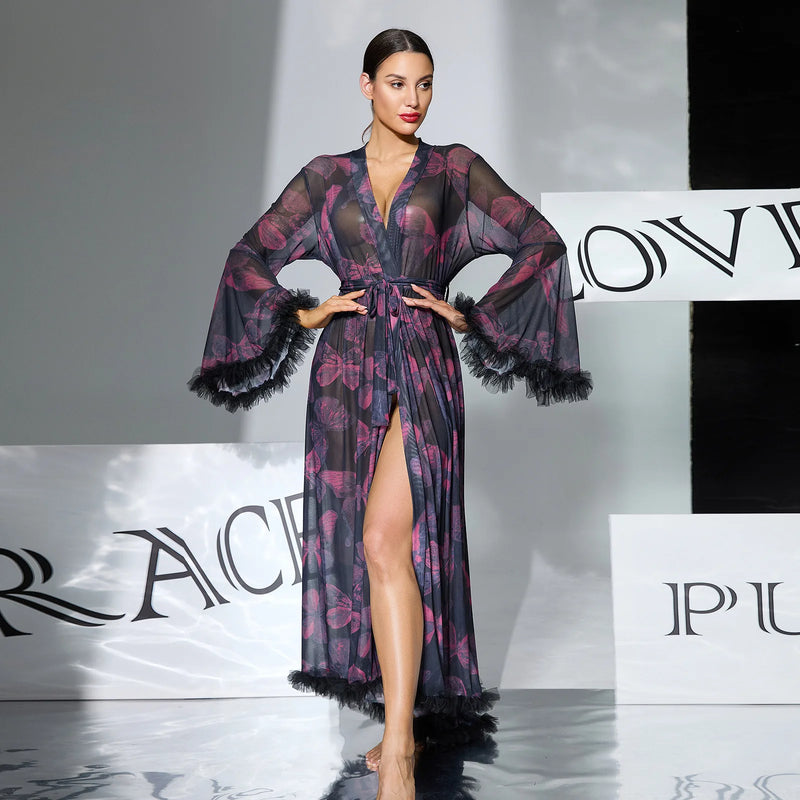 Fashion Printed Long Sleeve Bathrobe For Women Spring Summer Thin Sleepwear Robe Tide Women's Shower Robes Wedding Dress