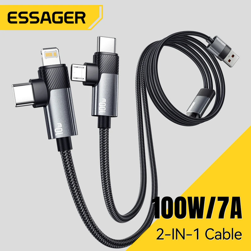 ខ្សែសាកលឿន ESSAGER 2-in-1 100W Type-C/Micro/Lighting 7A ខ្សែសាកទិន្នន័យពហុមុខងារសម្រាប់ iPhone 16 15 Pro Samsung Laptop