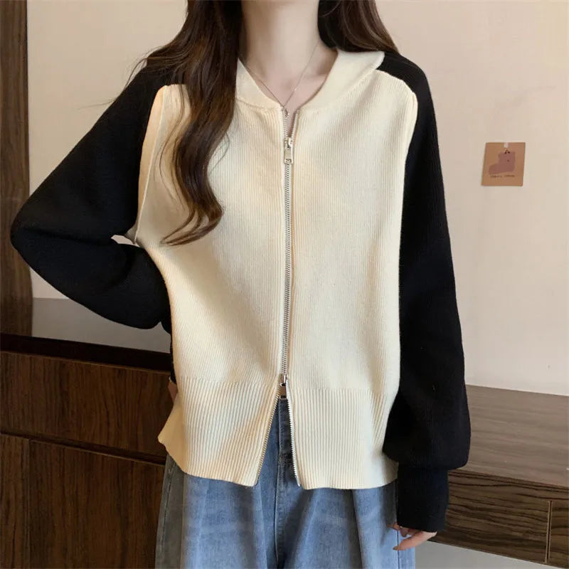 អាវក្រៅ Cardigans ពណ៌ផ្ទុយគ្នាសម្រាប់ស្ត្រី អាវក្រោះក្រាស់ថ្មីសម្រាប់ស្ត្រី អាវក្រៅនិទាឃរដូវរដូវស្លឹកឈើជ្រុះ