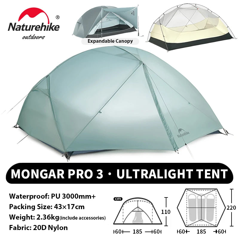 Naturehike Mongar UL PRO 1-3 People Tent 20D Ultralight Travel Waterproof Hiking Survival Outdoor Camping Portable Sun Shelter