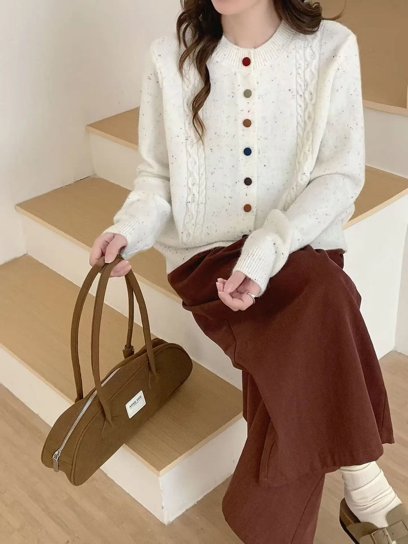 European Button Knitted Cardigan Women's Loose Lazy Style Single-breasted Long-sleeved Sweater Jacket Slim Top Female Knitwear