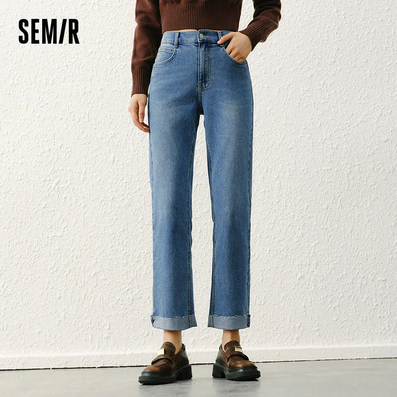 Semir Soft Jeans Women Raw Hem Straight Leg Egg Roll Pants Leg Slimming Trousers 2026 Spring Fashion Casual Bottoms