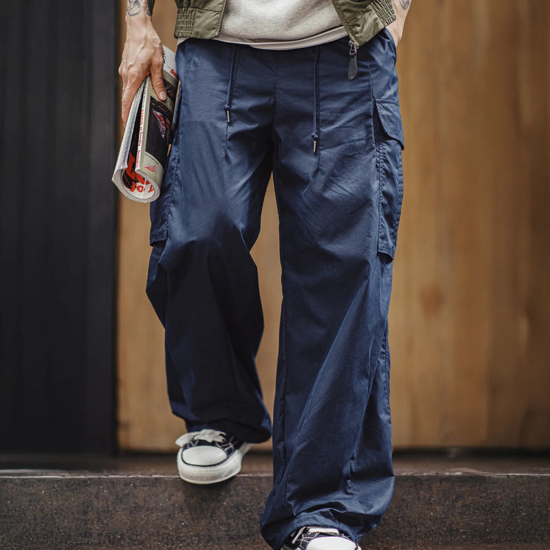 Maden Retro Men's M65 Big Pocket Casual Pants Straight-Leg Lightweight Trousers Blue Woven Long Pants for Autumn Streetwaer