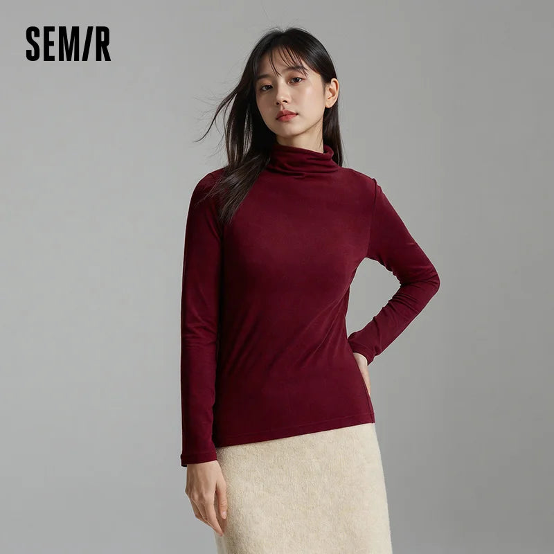 Semir Women Tshirt Thermal Warmth Antibacterial Fabric Solid Color Commuter Style Soft Touch Extended Collar 2026 Spring