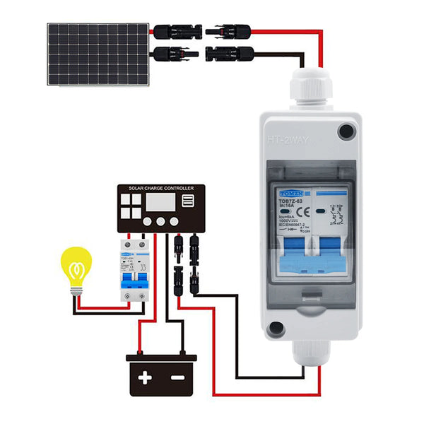 1PCS TOMZN Solar Photovoltaic PV Combiner Box with Circuit Breaker HT 2ways 1 Input 1 Out DC with Matching Wires Waterproof Box