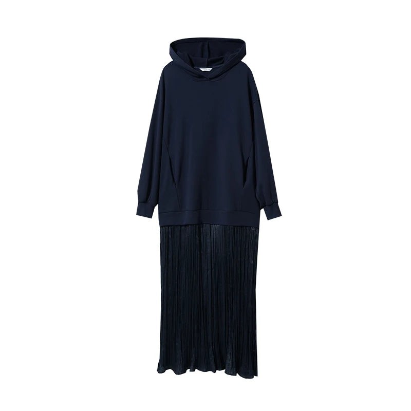 Amii Womens Dresses 2026 Autumn New Casual Patchwork Dresses for Woman A-Line Loose Hooded Long Sleeve Ladies Clothing 12553054