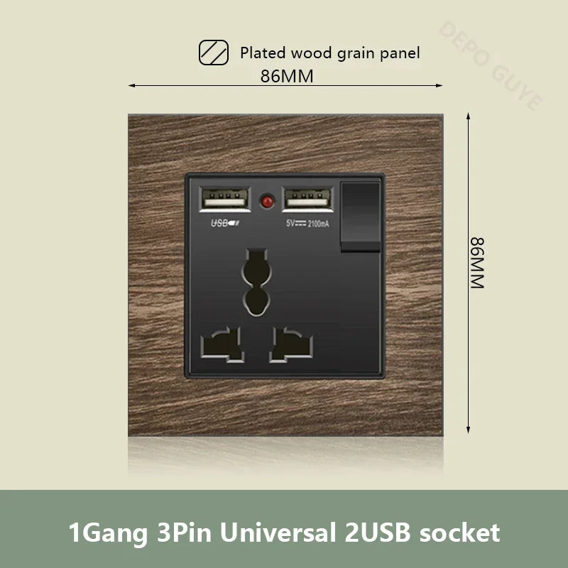 UK 18W Type-C Quick charge Dual Power Outlet,Universal Retro Wood Grain Electrical USB Socket,220V Electrical  Wall Light Switch