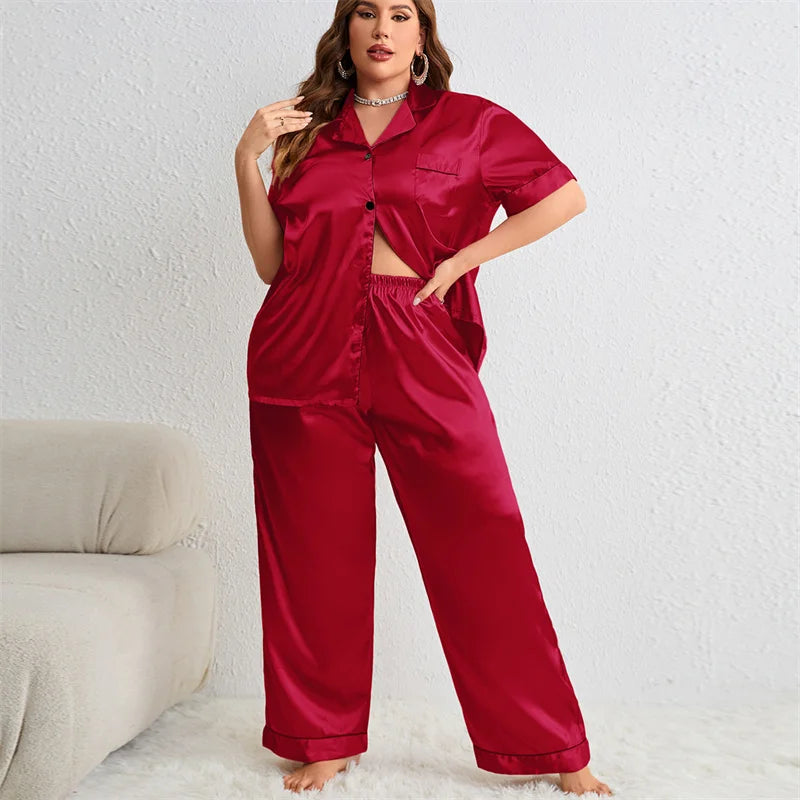 Summer Fashionable Women Silk Sleepwear Set Personalized Satin Casual Thin Loose Tops Long Pants Home Wear Pajamas For Women