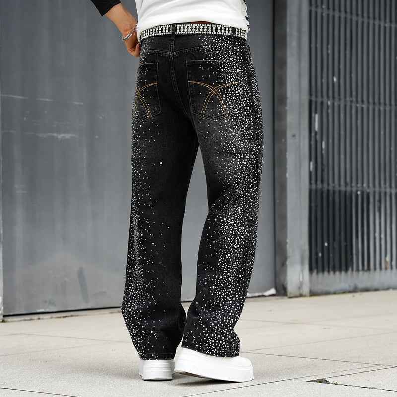Luxury Men's Black Jeans with Diamond Embellishments, Made of Light Blue Denim Pants. 2027 Fashion Casual Trousers.