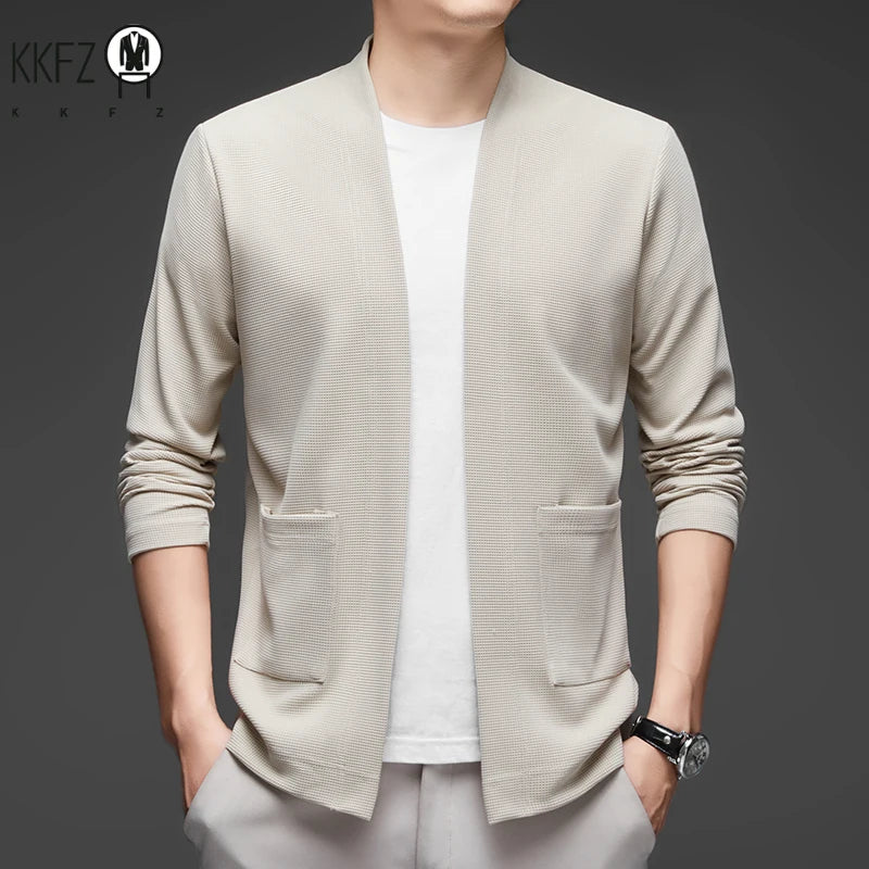 New Men's Business Casual Long Sleeved Solid Color Cloak Jacket Knitted Comfortable and Fashionable All Season Versatile Top