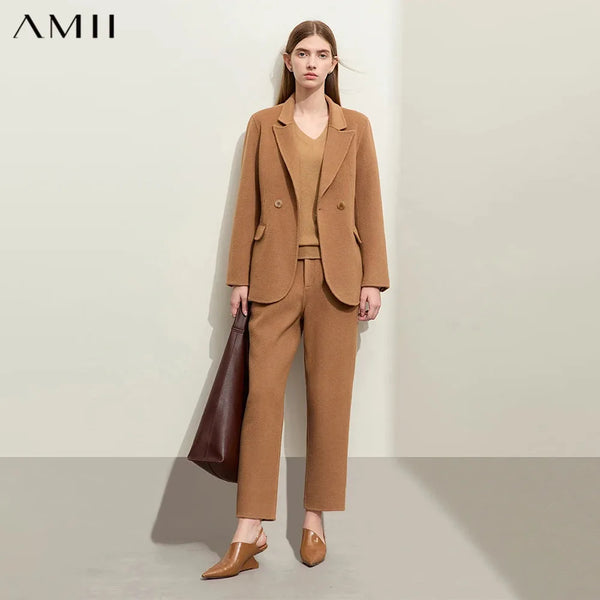 AMII Minimalism 2026 Winter New Women Woolen Coat Slim With Belt Jacket Solid Casual Pants Separate Female Clothing 12354011