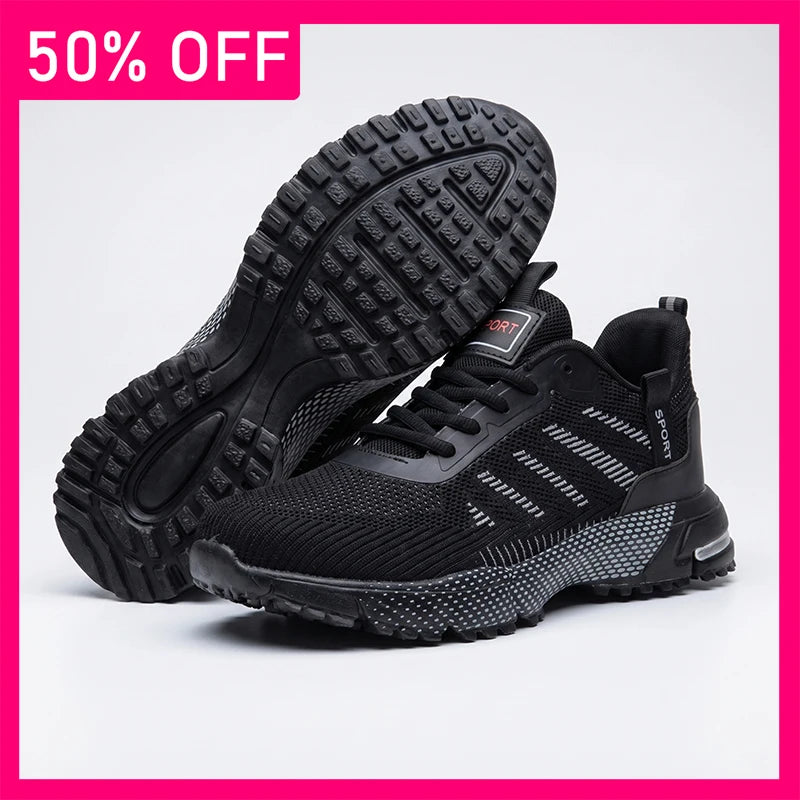 Men Sports Shoes Fashion Lace Up Mesh Breathable Versatile Running Shoes New Thick Soled Anti Slip Wear-resistant Hiking Shoes