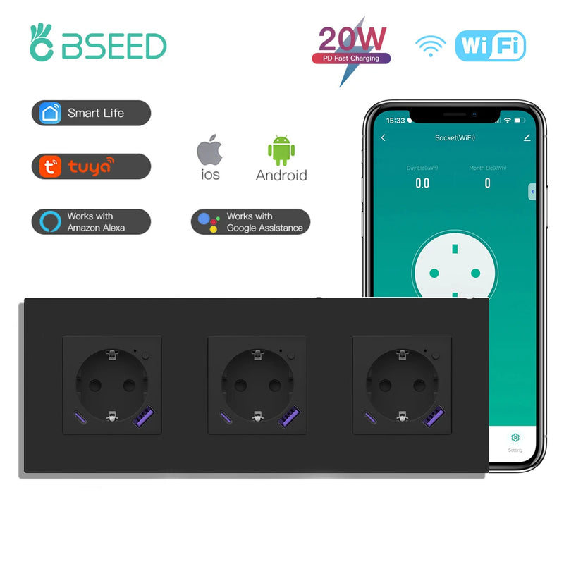 BSEED WIFI Smart Socket With 20W Fast Charge Port Plastic Frame Smart Wall Socket USB Type-C Port Tuya Smart Life Control