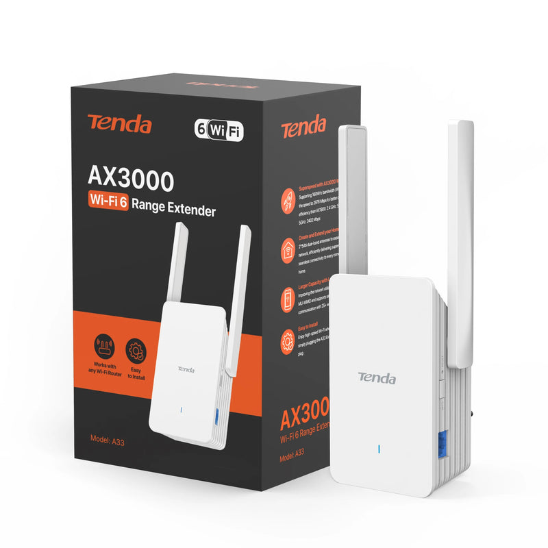 ឧបករណ៍ពង្រីកសញ្ញា WiFi Tenda A33 Wi-Fi 6 AX3000 Dual Band 2.4GHz 5GHz ឧបករណ៍បង្កើនសញ្ញា WiFi Gigabit WiFi Repeater រន្ធ Ethernet អ៊ីនធឺណិតនៅផ្ទះ