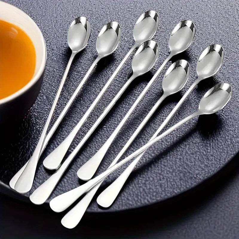 6Pcs Stainless Steel Long-Handled Ice Teaspoon, Coffee Spoon, Ice Cream Stirring Spoon, Dishwasher Safe, Kitchen Accessories, Tableware Set
