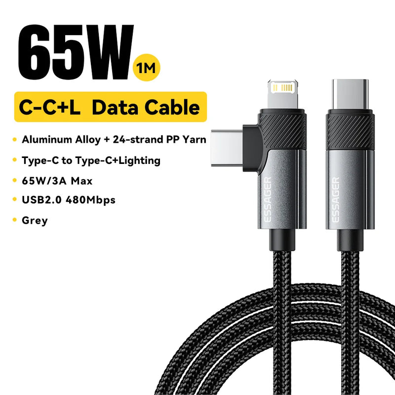 ខ្សែសាក Essager 2 in 1 USB Type C 65W PD Fast Charging Wire Type C To Lighting Cable សម្រាប់ iPhone 15 14 Pro Max MacBook iPad Xiaomi