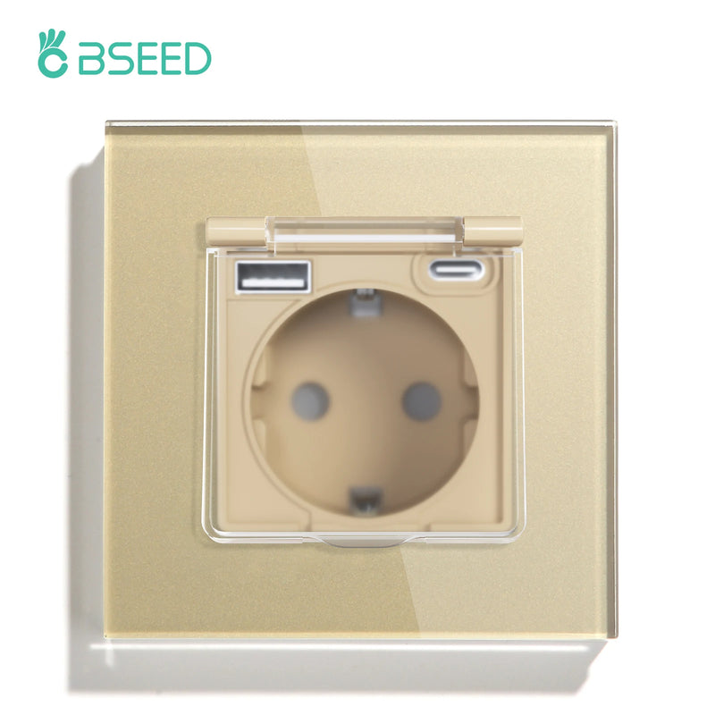 BSEED EU Standard Single Power Socket With Waterproof Cover Double USB Type-C Outlets Triple Plugs 16A Glass Panel 110-250V