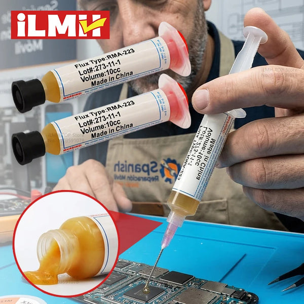 ហ្វ្លុយស៊ីល័រ RMA-223 Rosin 10cc មានជាតិស្អិតខ្ពស់ ផ្សែងទាប គ្មានសំណល់ សម្រាប់ឧបករណ៍ជួសជុលទូរស័ព្ទ និងបន្ទះឈីបកុំព្យូទ័រ PCB BGA PGA