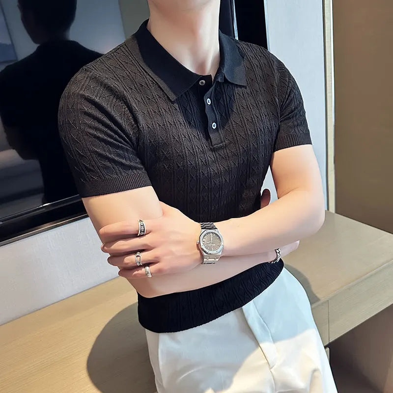 New Slim-Fit Jacquard Knitted Short-Sleeved Polo Shirt for Men's Fashion Lapel Golf Shirt